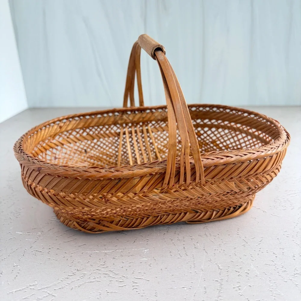 Vintage Woven Bamboo Basket Oval Lattice Boho Decor